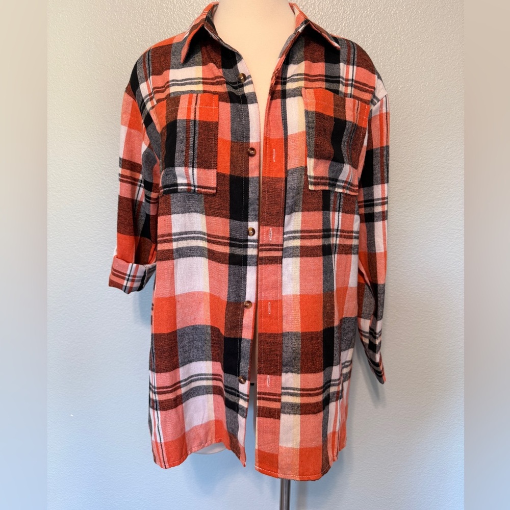 Women's Plaid Button Down Shirt -‎ Orange, Black, and White